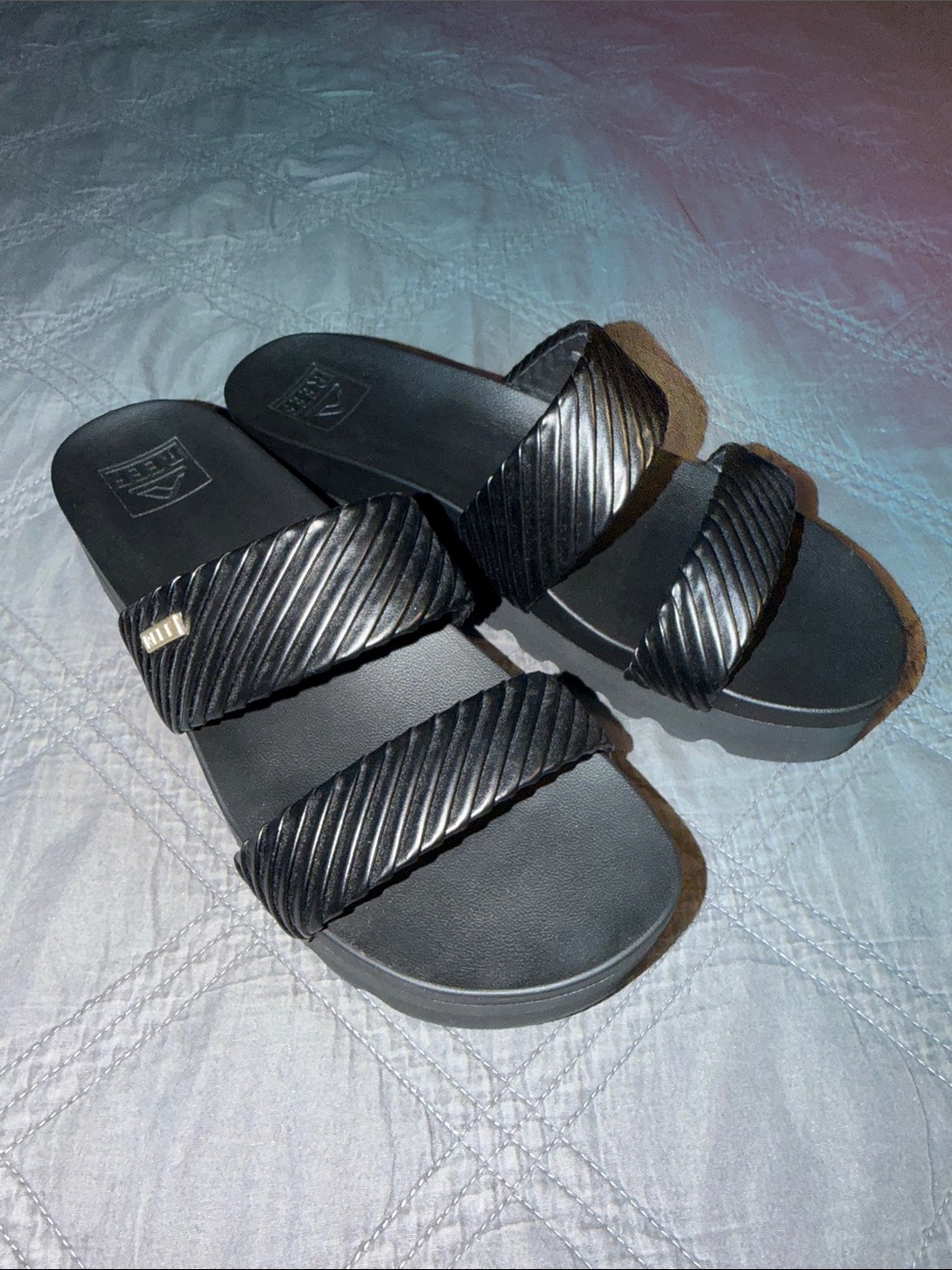 Reef Black Textured Double-Strap Slide Sandals